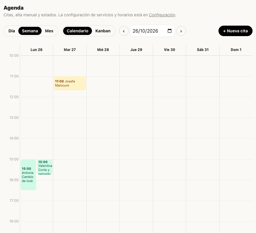 Panel del dueño con el calendario semanal de citas de un salón de belleza, con dos citas confirmadas a la misma hora y una por confirmar