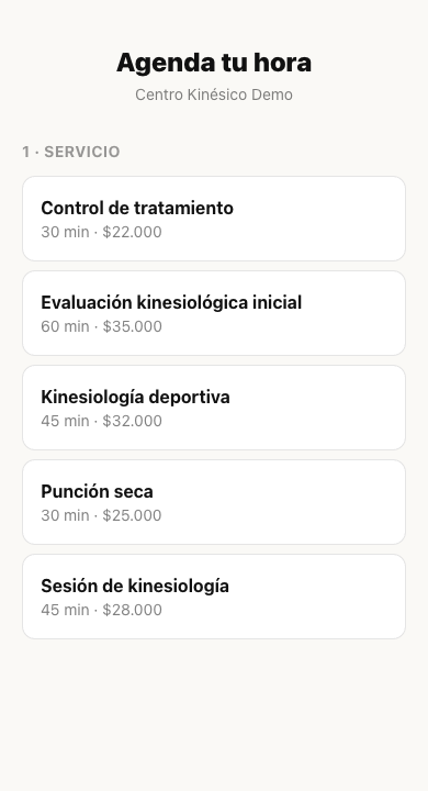 Pantalla de reserva de un centro de kinesiología, con servicios y precios